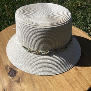 Nine West Cream and Gold Sun Hat Bucket w/ Charm Accents